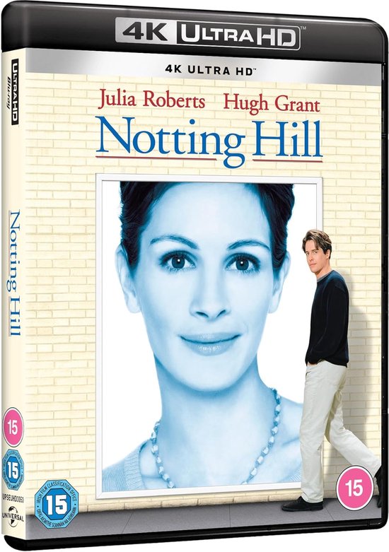 Julia Roberts met parelketting en Hugh Grant op de cover van Notting Hill 4K UHD.