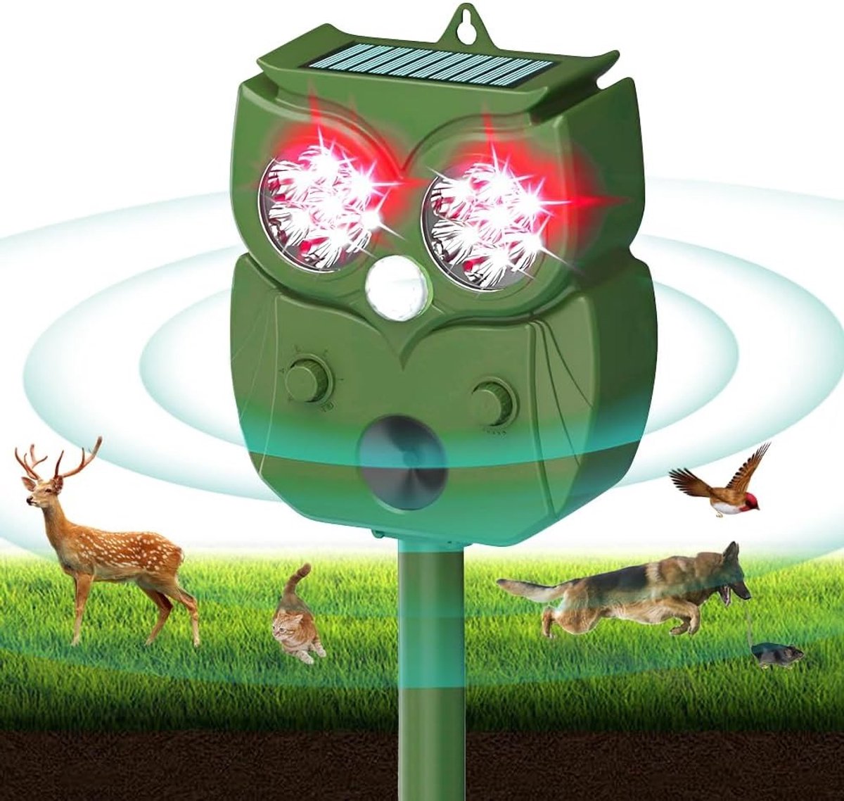 Ultrasone Dierafschrikker voor de Tuin met 3 Modi - Effectieve Afschrikking van Katten, Honden en Vogels met Zonne-energie