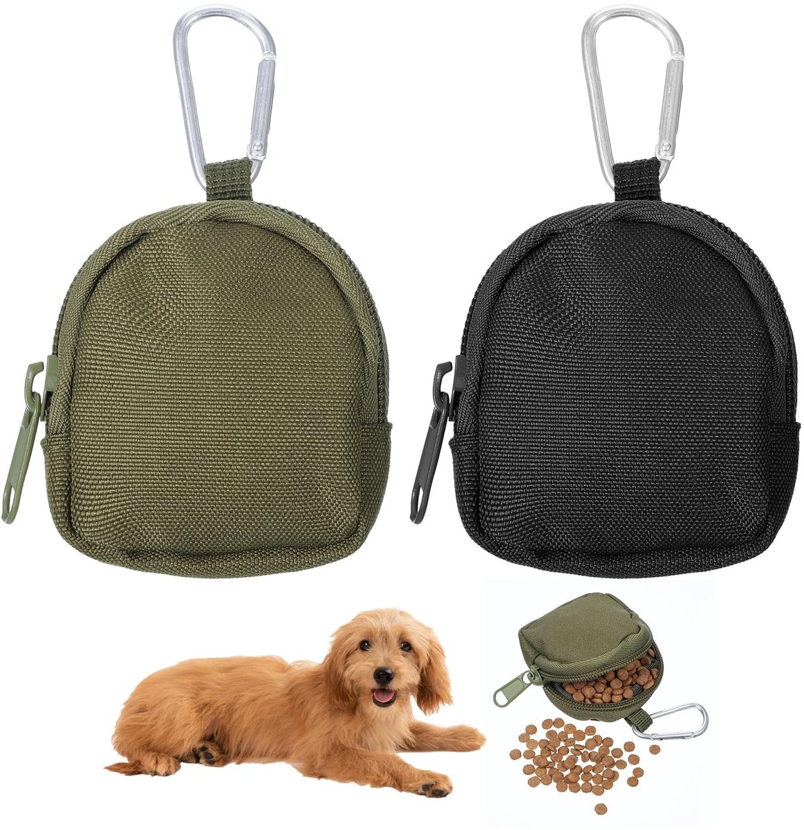 Dailygoods- Hondensnoepzak Lichtgewicht - Traktatietas - Voederzak - Hondentrainingstas - Opbergtas - Nylon, 2 stuks (zwart/legergroen)