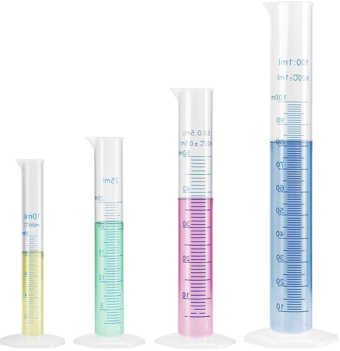Dailygoody - Set van 4 kunststof maatcilinders - Vloeibaar meetinstrument - Geschikt voor doe-het-zelvers - Transparant - Perfect voor experimenten - ...