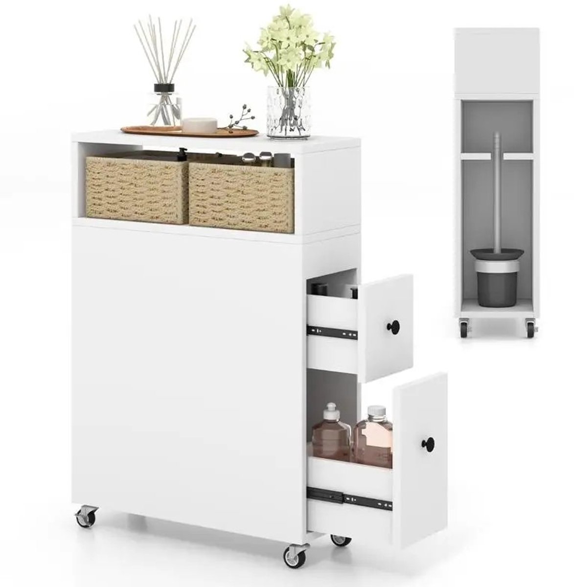 Dailygoods Verplaatsbare badkamerkast met 2 uittrekbare laden voor kleine ruimtes