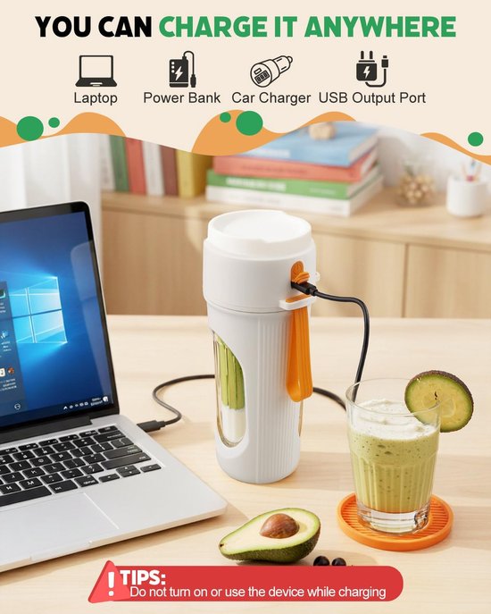 Draagbare Blender - BPA Vrij - 15 Oz voor Smoothies Shakes en Vers Sap - 12 Mesjes - Vaatwasserbestendig - Oplaadbare Sportfles - Compact en Eenvoudig Schoon te Maken - Oranje kleur van Merkloos — afbeelding 2
