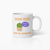 Witte mok met een verdrietige cactus in een pot en de tekst "Kak dus dat je weggaat". De cactus zegt: "We gaan je missen".