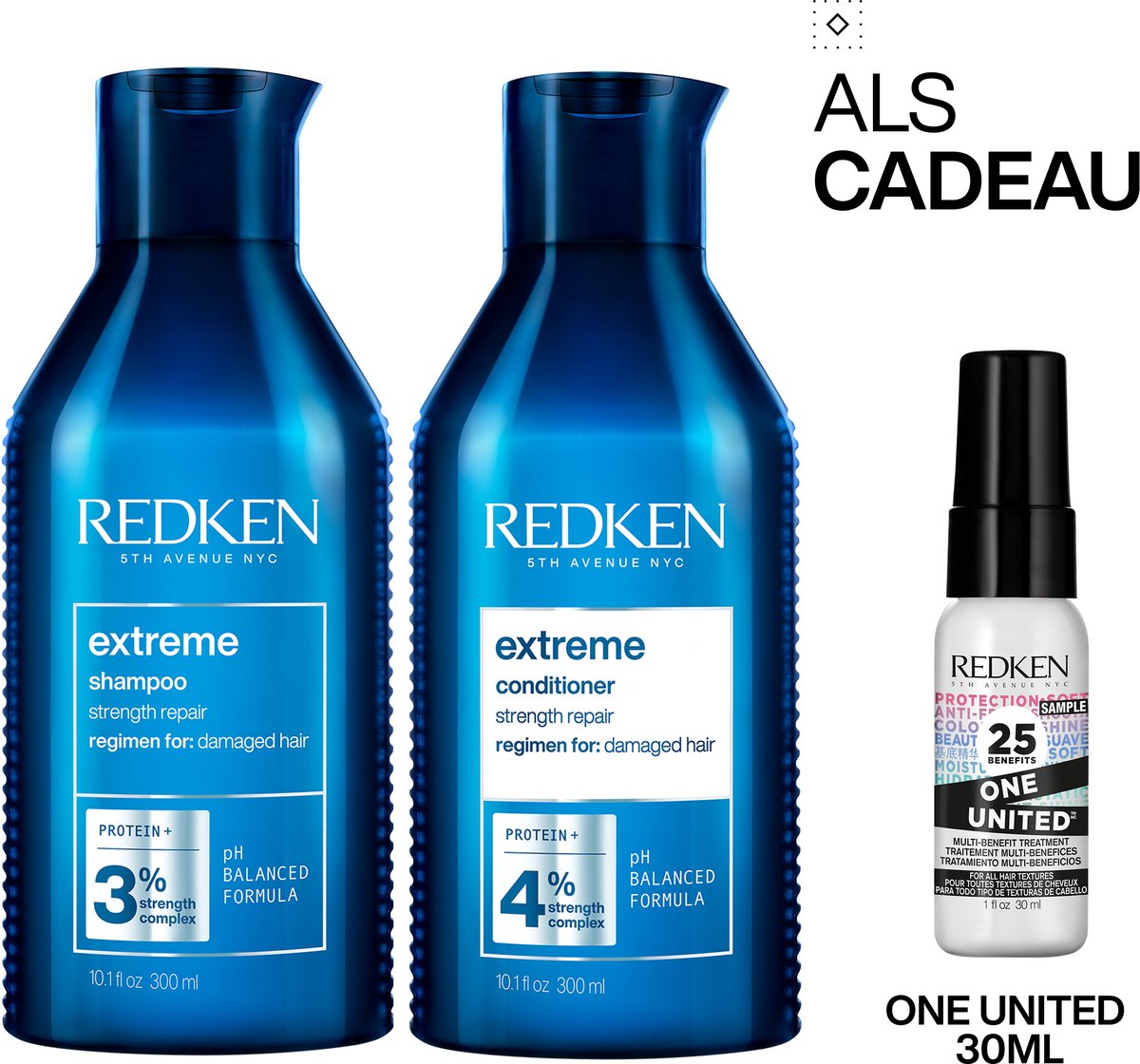 Redken Extreme Duo + Cadeau - Shampoo 300ml & Conditioner 300ml + One United 30ml Cadeau - Beschadigd Haar