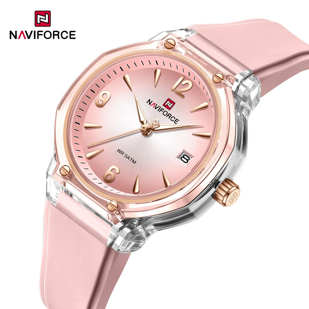 NAVIFORCE horloge met roze gefumeerde siliconen polsband, roze transparante horlogekast en roze wijzerplaat voor dames met stijl ( Model 6110 SP )