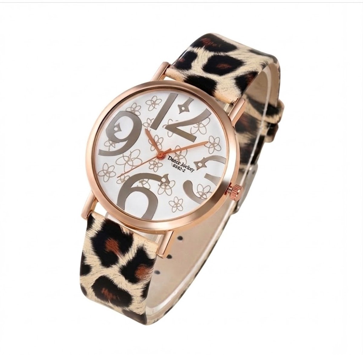 Luipaardprint analoog horloge dames - ronde wijzerplaat met bloemmotief en goudkleurige details - band met luipaardprint - quartz horloge