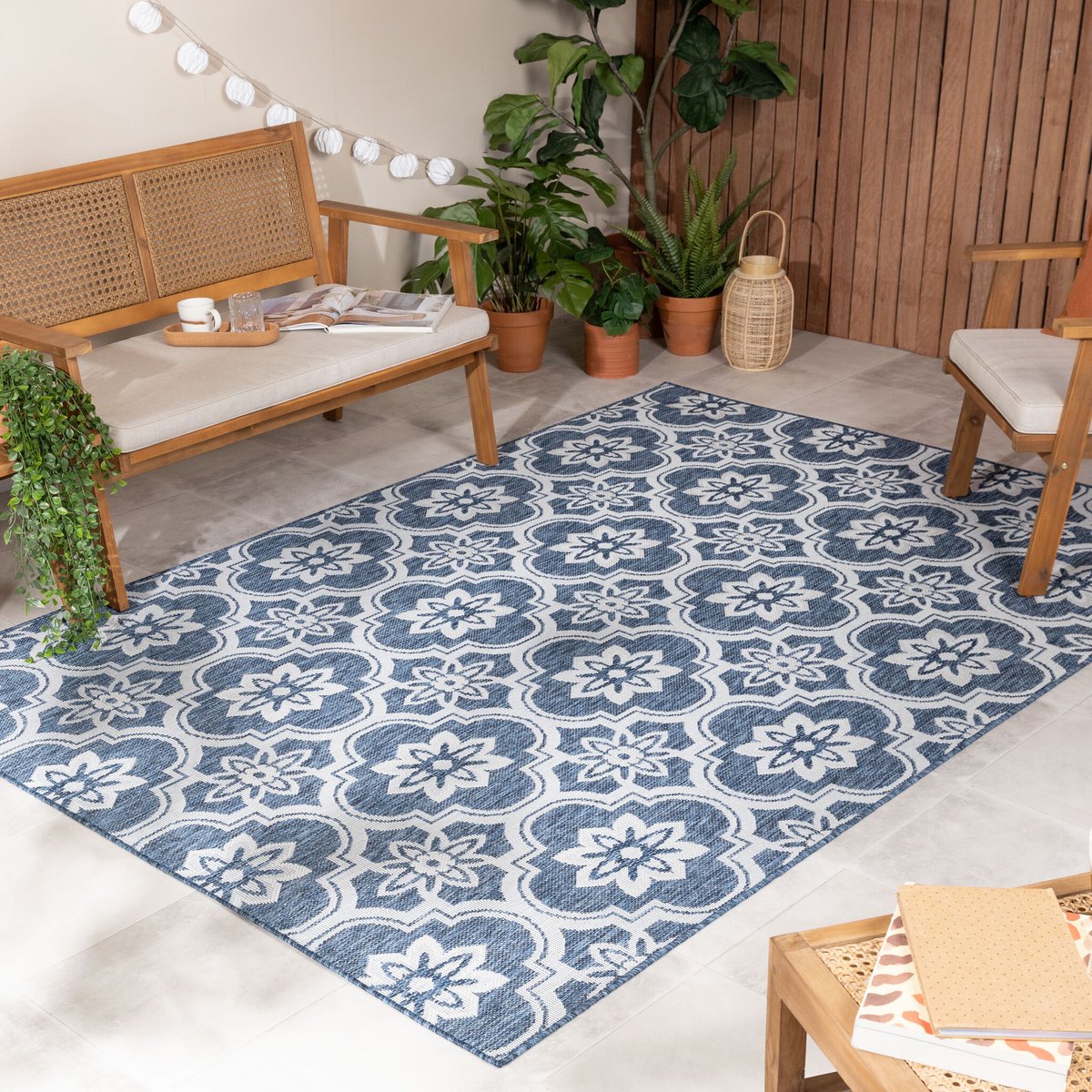 Fraai Buitenkleed - Rio Flower Blauw - 140x200cm