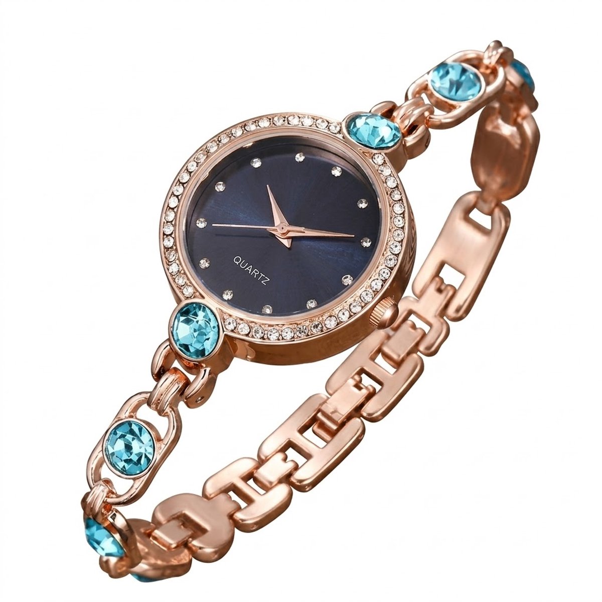 Blauw goudkleurig analoog horloge dames - rond uurwerk met kristal accenten - smalle polsband met blauwe stenen - quartz horloge
