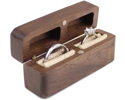 Rustic Wooden Slim Ring Box for Wedding Ceremony Walnut Flip Cover Engagement Ring Carrying Box for 2 Rings Couple Ring Wedding Rings