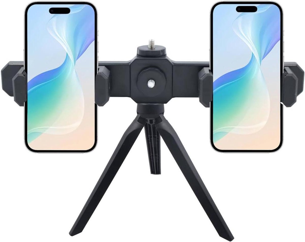 Telefoon Statief Dual - Mini Statief Smartphone - Vloggen Opnames - Twee Telefoons Tegelijk - 20cm Opgevouwen - Zwart