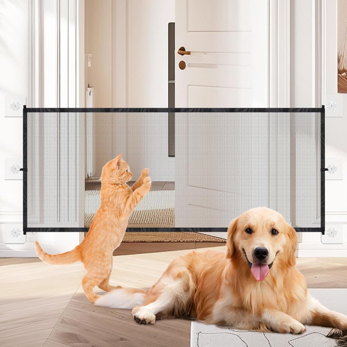 HEZIVO® Traphekje Zonder Boren - Traphek Honden en Katten - Veiligheidshek - Kinderhekje met Klembevestiging - 6 Kleefhaken - 110 x 72 cm