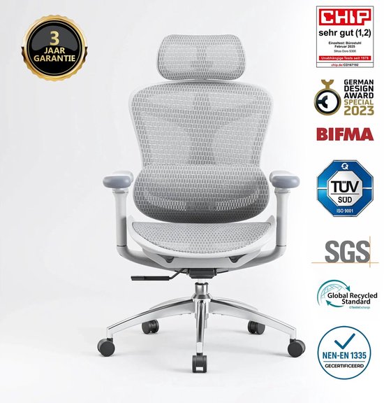 SIHOO Doro C300 2026 Ergonomische Bureaustoel - 3D Armleuningen - Zelfaanpassende Lendensteun - Slim Gewichtsmechanisme - Mesh Rugleuning - 3 Kantelstanden - TUV/SGS Gecertificeerd - Tot 150kg - 70x69x128cm——Wit