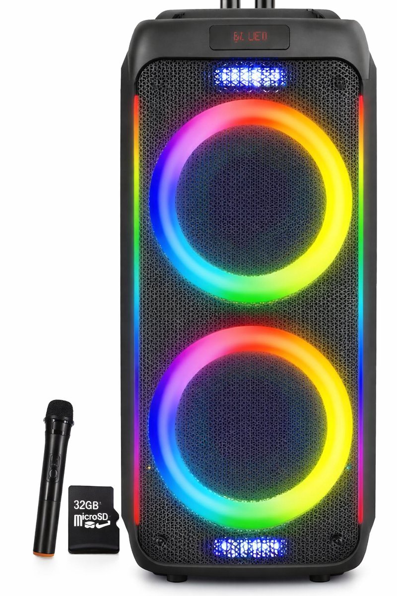 Bluetooth Karaoke Speaker Box Draadloos XXL + Draadloze Microfoon + 32GB Micro SD - Party box Set - 10 inch - Discolichten - Partybox - Kinderen & Volwassenen - incl Afstandsbediening