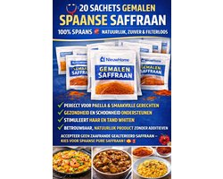 20 SACHETS GEMALEN SPAANSE SAFFRAAN – HET ULTIEME GOUDEN KRUIDENWONDER VOOR PAELLA, STOOFSCHOTELS, GEZONDHEID, SCHOONHEID, HAAR, HUID EN TANDEN!  NATUURLIJK, PUUR EN CULINAIR ONMISBAAR!