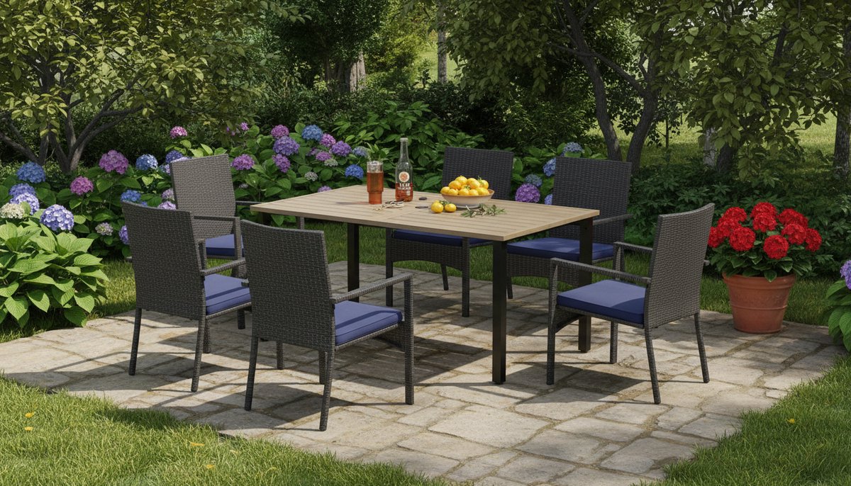 Rotan tuinmeubelset Depauwonen Verona – Luxe 6-persoons loungeset voor terras en tuin – Rechthoekige tuintafel met verstelbaar parasolgat en marineblauwe kussens – Weerbestendig en modern design