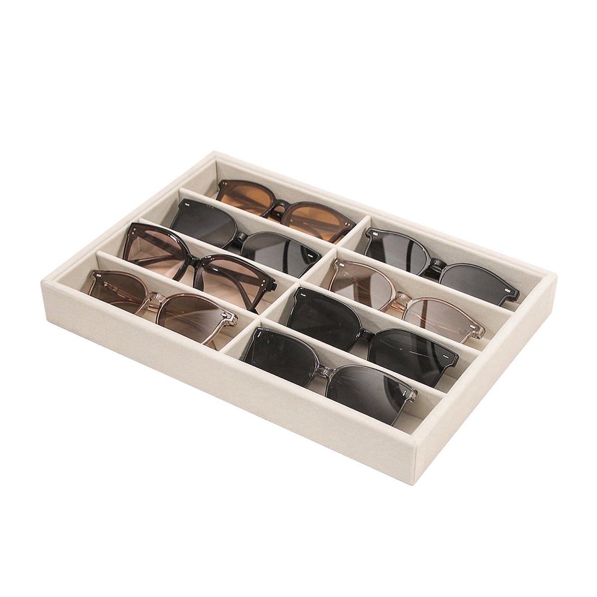 Opbergbakje voor zonnebrillen, beige fluwelen opbergbakje voor brillen, displaybakje voor brillen, horloges en sieraden