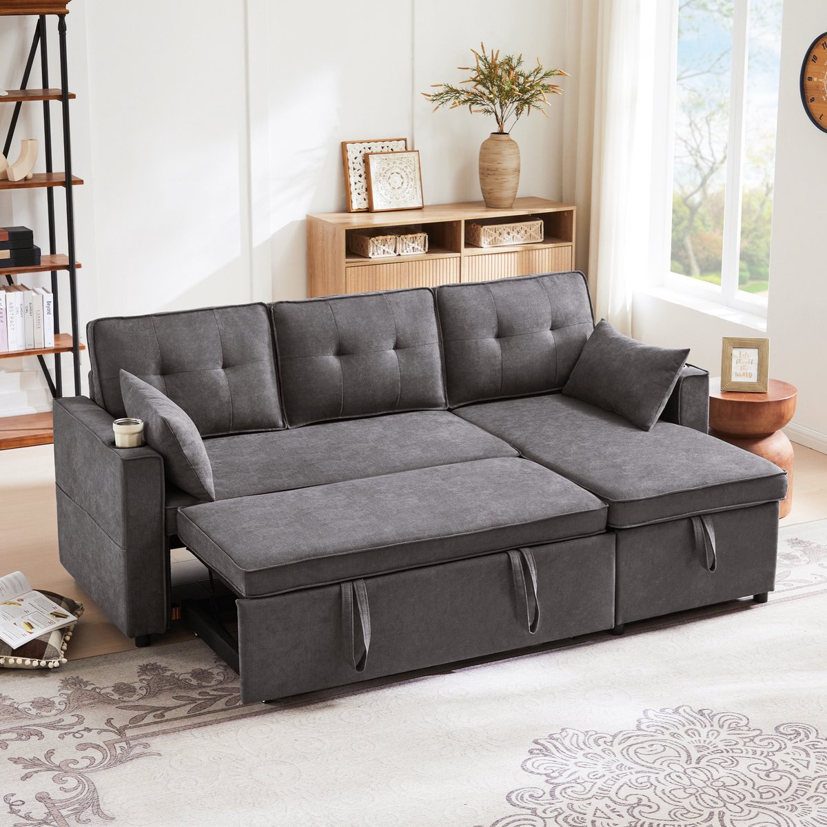Zubaliya Slaapbank met Slaapfunctie, 3-Zits Bank, L-vormige Bank, Modern Design, Gestoffeerde Meubels, Bank, Fauteuil met Opbergruimte, met Bekerhouder, Slaapbank voor de Woonkamer, Links en Rechts Verwisselbaar-Grijs