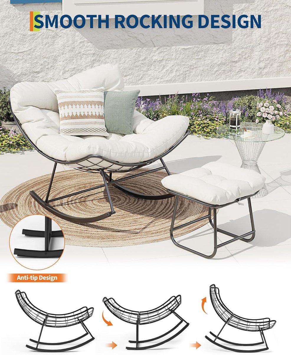 Schommelstoel voor Buiten met Voetenbank - Tuinstoel incl. Kussens - Ergonomische Loungestoel - Weerbestendig Metaal - Balkon, Tuin & Terras – foto 3