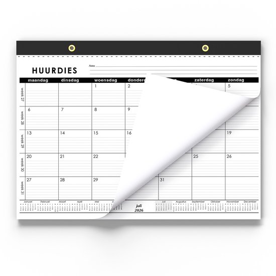 Huurdies® Kalender 2026 – 18 Maanden Bureauplanner & Wandkalender – A3+ Formaat (45x32 cm) – Met Weeknummers, Feestdagen & Notities – juli 2026 t/m december 2027