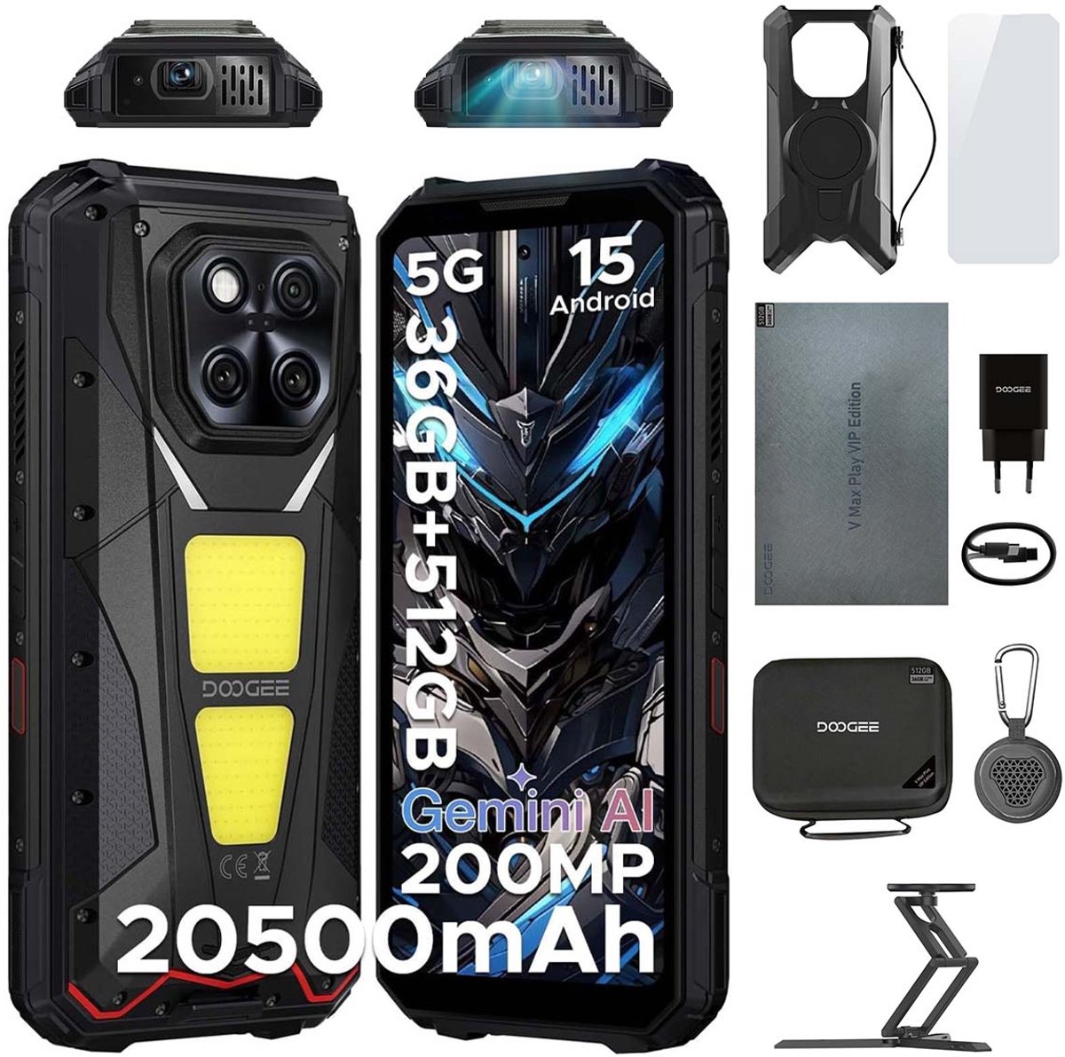 DOOGEE VMAX Play Robuuste Smartphone 5G - 36GB RAM - 512GB ROM - 20500mAh 45W - 6,78 inch 120Hz - 200MP + 32MP AI-Camera, 20MP Nachtzicht - 130dB Luidspreker - 100 LM projector - 1200LM Dubbele Campinglamp - Android 15 Telefoon - NFC GPS - Zwart