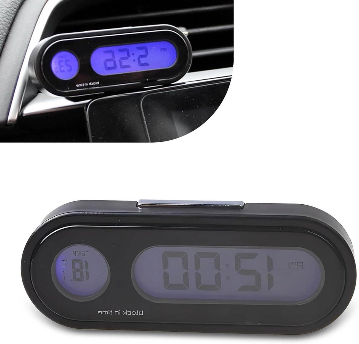 Digitale Klok Auto - Mini Klok - Dashboard Tijd - Met Thermometer - 7.4x2.8x1.8 cm - Zwart