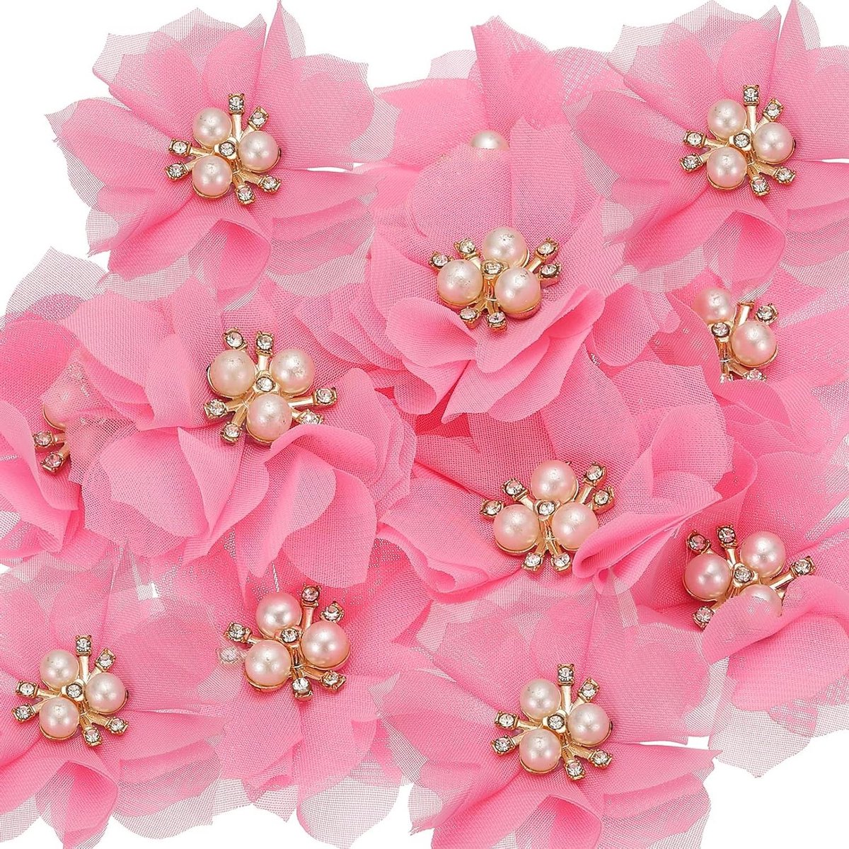 Chiffon Bloem Applicaties - Stoffen Bloemen - DIY Ambachten - Met Parel en Strass - 60mm Diameter - Roze