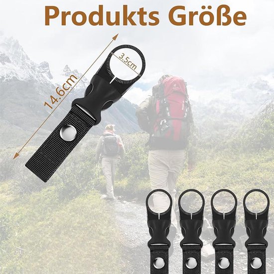 Set van 12 flessenhouders voor aan de riem, zwarte nylon flessenhouderclips, flessenhouder voor aan de tas, karabijnhaak flessenhouder set, waterfleshouder gespen, waterfleshaak voor buiten — afbeelding 2
