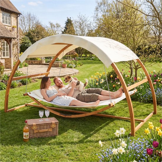 tectake® Hangmat Locarno - Met Standaard - 2 Persoons - 328 x 160 x 171,5 cm - Hangstoel met 250kg Draagkracht - Hangschommel - Hangmat met Houten Frame en Zonnedak