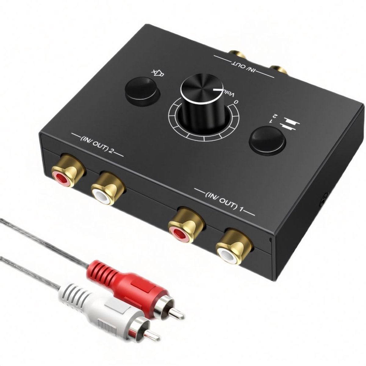 Aventrix RCA Audio Schakelaar – Bi-directioneel 2-in-1 / 1-in-2 – Stereo Audio Switcher – Tulp Splitter L/R – Met Mute Knop – Inclusief RCA Kabel – Plug & Play