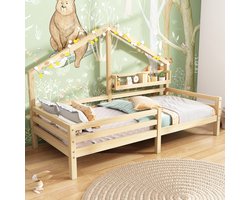 Houten Kinderbed Huisbed met Boekenplank & Schoorsteen - 90x200 cm - Scandinavisch Design - Grenenhout - Wit/Natuur - Inclusief Uitvalbeveiliging