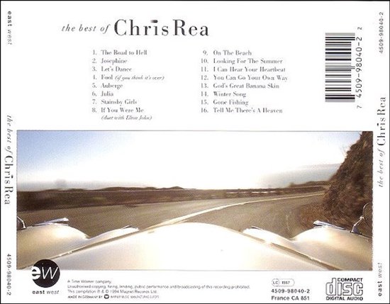 Achterkant CD-hoes met 'The best of Chris Rea' titel en tracklist. Vergezicht van een weg.