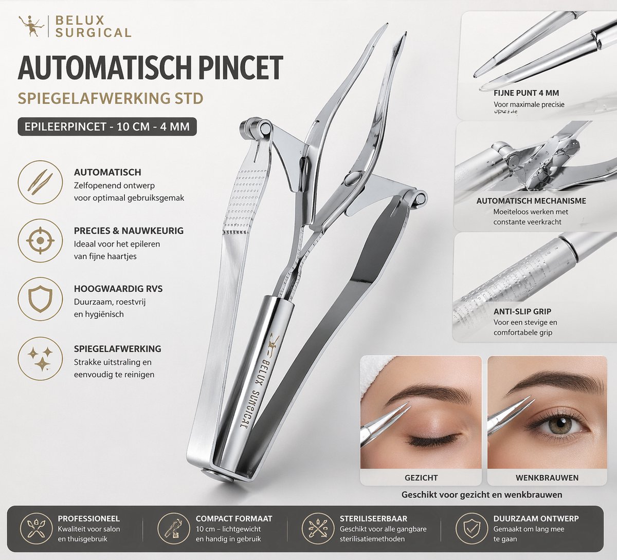 Belux Surgical Automatisch Pincet 10 cm – RVS Epileerpincet met Veermechanisme | Precisie Wenkbrauw & Gezichtshaar (4 mm punt)