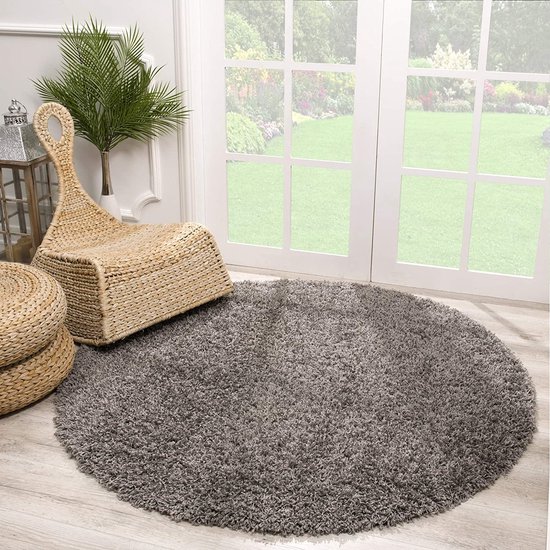 Rond Loca Shaggy Vloerkleed – Modern Uni Effen – Grijs Hoogpolig & Zacht- 80 CM Ø