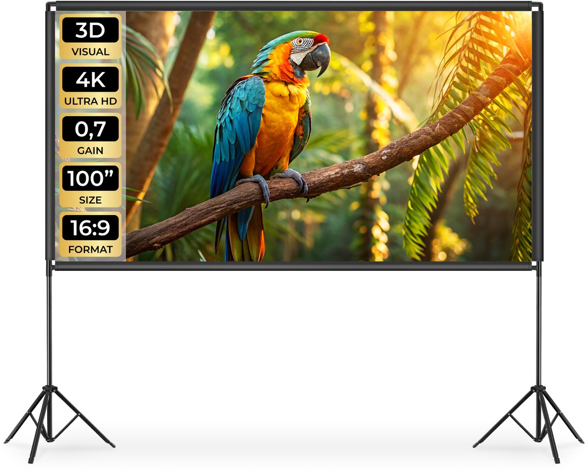 tectake® Beamer Scherm - 100 Inch (257 cm) - 16:9 Projectiescherm met Dubbel Statief - 4K HD - Oprolbaar - Uittrekbaar - Projectiedoek - Presentatiescherm - Home Cinema - Inclusief Draagtas