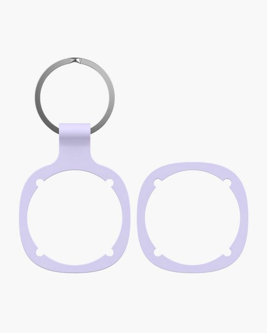 Twee lichtpaarse trackers met uitsparingen, één met sleutelring.
