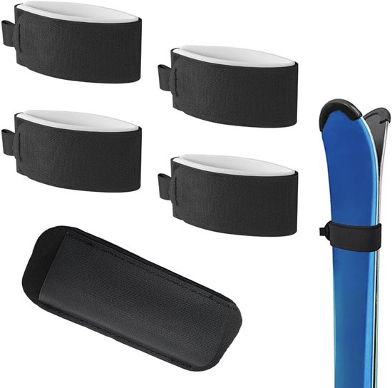 4 ski attachment straps - 1 ski pole cover - verstelbare banden van robuust nylon - universele transportbanden voor ski's en ski poles - praktisch accessoire voor ski-vakanties en transport van ski-uitrusting