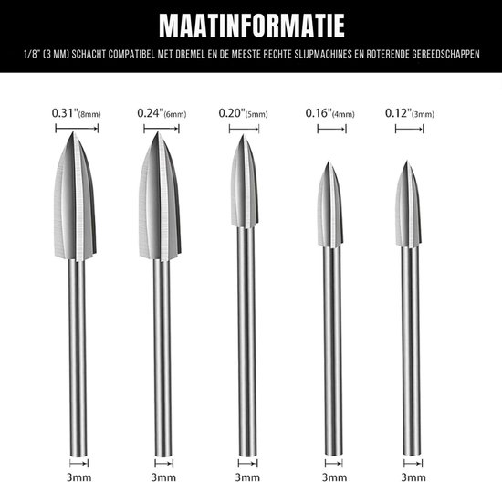 Set van vijf cilindrische graveerbeitels met verschillende diameters, van 8mm tot 3mm. "MAATINFORMATIE"