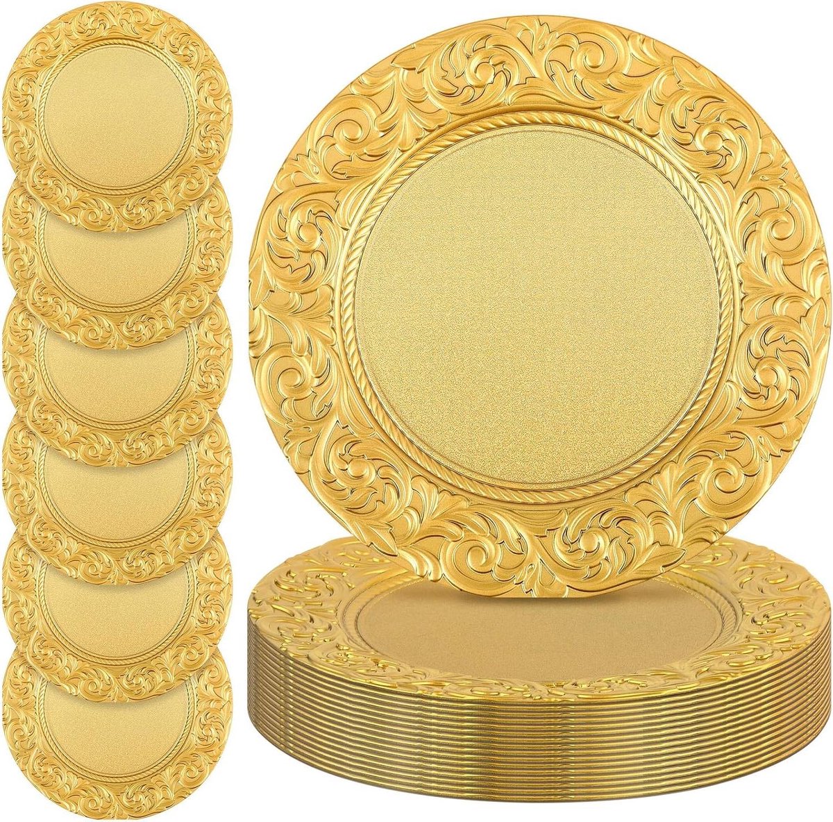 Oplader Platen - Diner Bords - Feestelijke Tafel - Reliëf Rand Decoratie - 33 cm Diameter - Goud