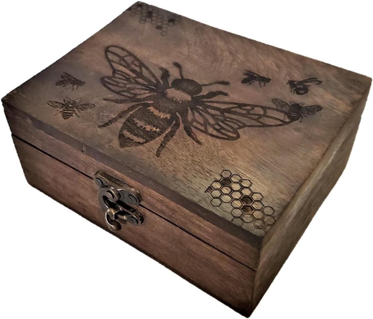Bijenkistje Sieradendoos - Decoratieve Houder - Aandenken Opbergen - Gegraveerd Walnoot Hout - 14.6 x 12.1 x 6.3 cm - Walnoot