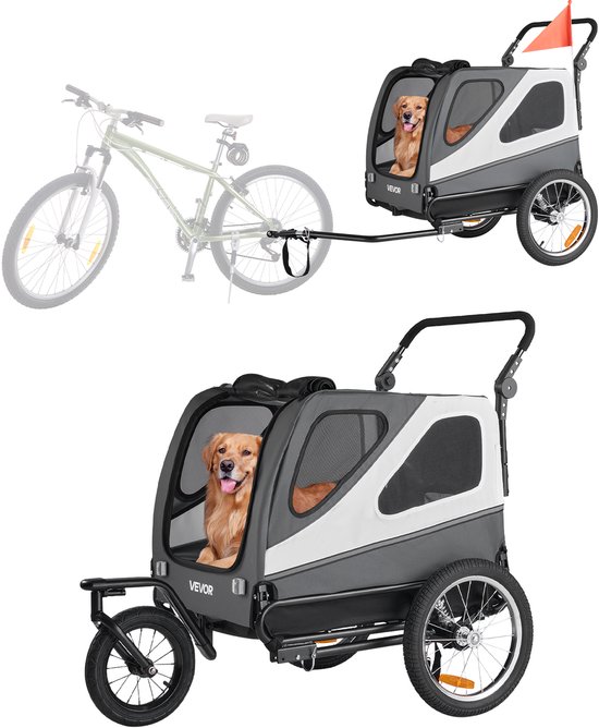 Hondenkar in grijs en wit, getoond als fietskar en als stand-alone wagen, met een hond erin.