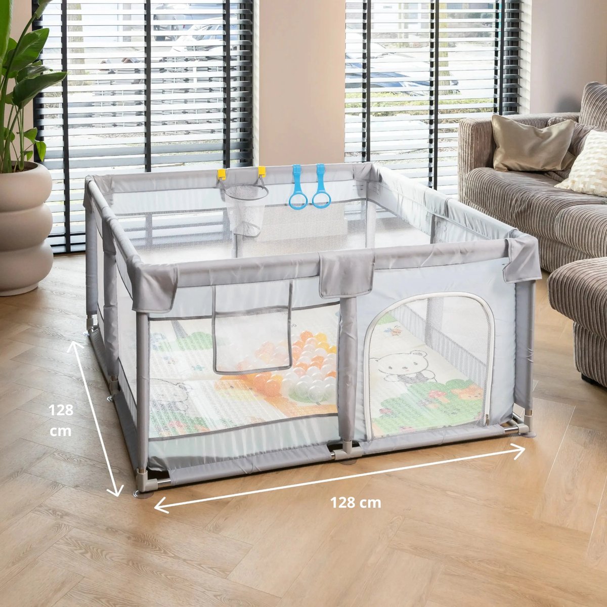 Baby Grondbox – Babybox – Speelbox – Kinderbox – Playpen – Kruipbox – Ballenbak - 128 x 128 x 65 cm – Dubbelzijdige Speelmat Foam – 65 Speelballen – 2 optrekhandvatten – Rits Opening – foto 7