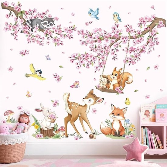 Sticker mural Animaux de la forêt avec fleurs de cerisier - Rose - Décoration chambre d'enfant