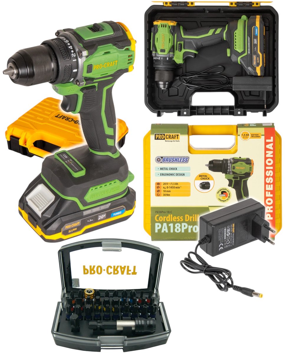 Procraft PA18Pro accuboormachine 20 V 30 Nm borstelloos + 1x accu 1,5 Ah + oplader + koffer