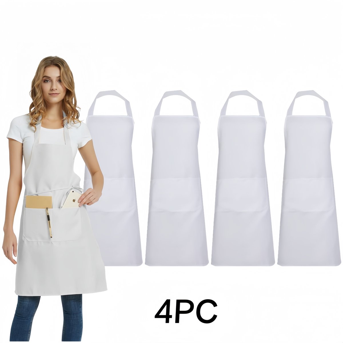 4 stuks Effen Slabbeschorten in Bulk - Gemengde Kleuren Commercieel Schort met 2 Zakken - Geschikt voor Keuken, Koken, Restaurant, BBQ, Schilderen en Knutselen