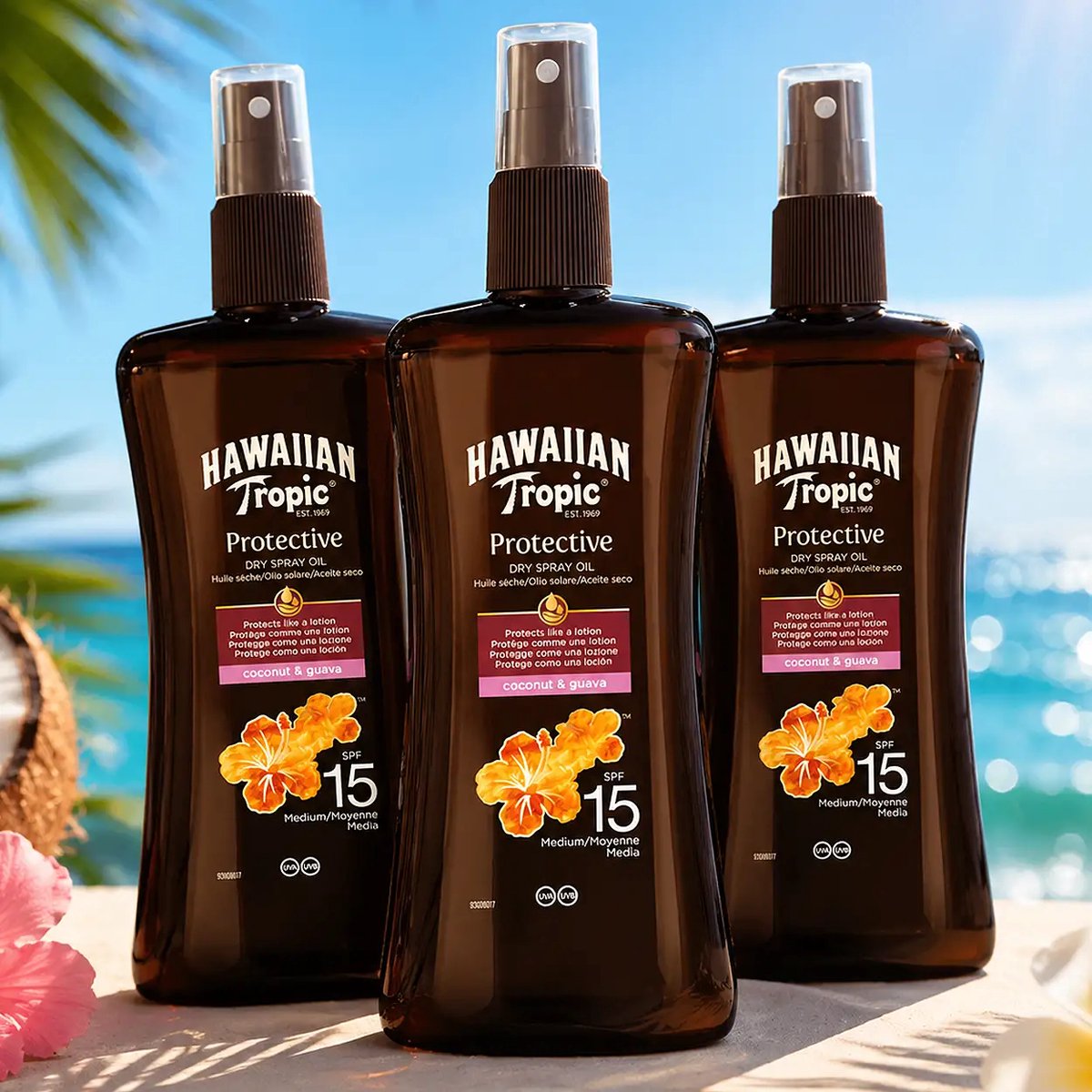 Hawaiian Tropic - Zonneolie Protective Dry Spray SPF 15 - 3 x 200 ml - Voordeelverpakking