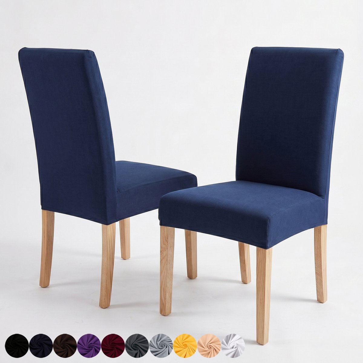 Qelus Stretch Eetkamerstoel Hoezen - 2 Stuks Spandex Stoelhoes met Bloemen & Ruitpatroon - Afneembare Stoelbeschermer voor Woonkamer, Bruiloft & Feest Banket - Marineblauw