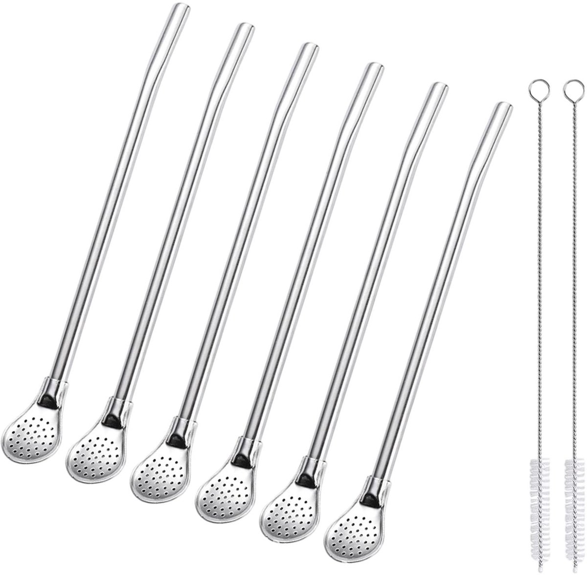MTTProducts - Rietjes met Lepel - Herbruikbare Rietjes voor Smoothies - 6 Stuks - Inclusief Borstels - Multifunctioneel - Ideaal voor Dranken