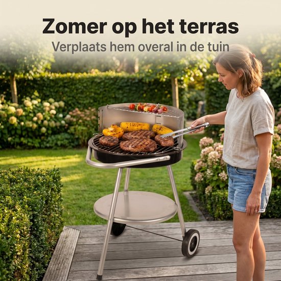 Cheqo® Houtskool Barbecue - BBQ - Houtskoolbarbecue - Ronde Barbecue - Tuinbarbecue - Houtskool Grill - BBQ op Wielen - Verrijdbare Barbecue met Onderrek - Dubbel Grillrooster - Voor Houtskool en Briketten - Voor Tuin en Camping - Zwart van Cheqo — afbeelding 4