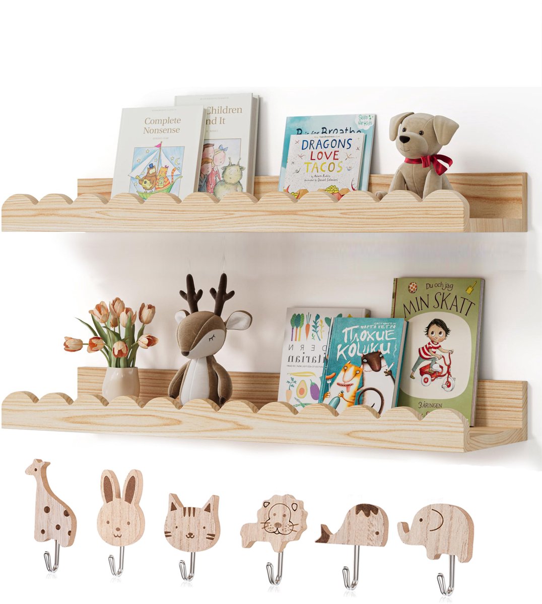 Zwevende planken 2 stuks met 6 dierenhaken - 42 cm - Houten boekenplanken voor kinderkamer - Golvende rand wandplanken - Boekenplanken voor slaapkamer, babykamer en kinderkamer - hout