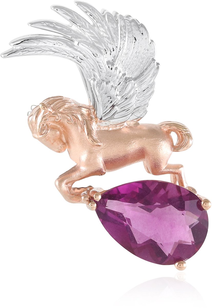 Cavill - Zilveren Broche met 4,478 ct Roze Fluoriet - 925 Sterling Zilver & Roségoud - Peervormig & Filigraan Paardenontwerp